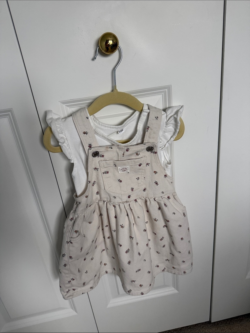H&M Cream Floral Pinafore Dress with White Ruffle Tee
